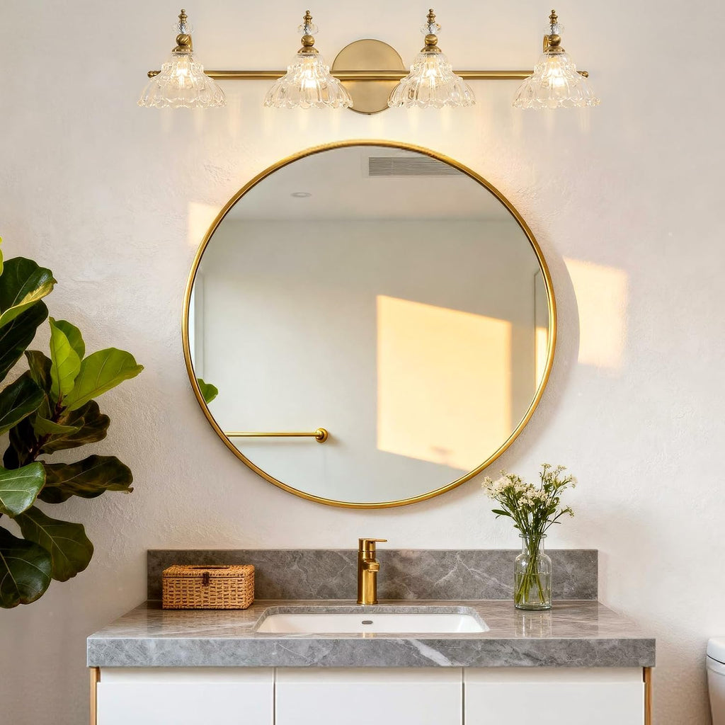 LOUSACE 4-Light Gold Vintage Bathroom Vanity Lights, Antique Brass Bathroom Lighting Fixture Over Mirror with Crystal Glass Shade, Retro Brass Vanity Lighting Fixtures Wall Sconce for Bathroom Bedroom