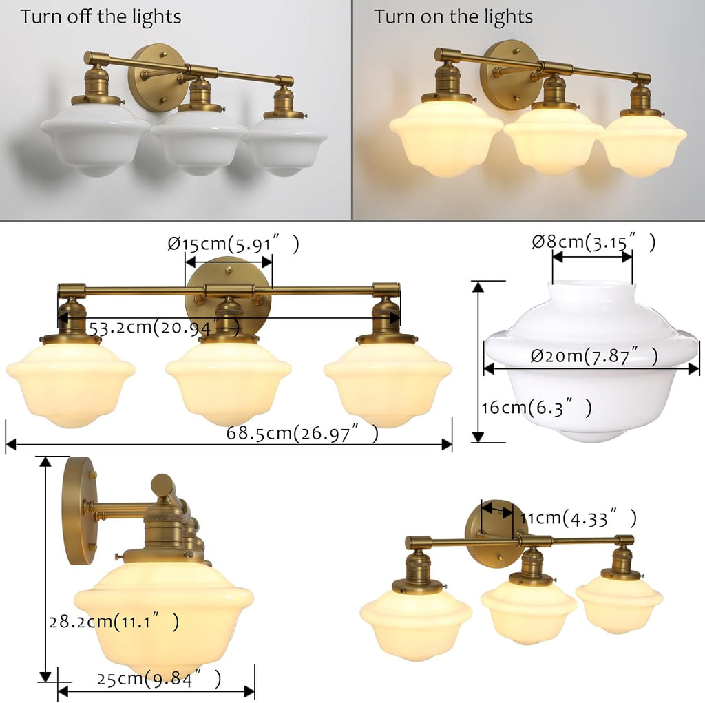 Pathson Milk White Glass Bathroom Wall Sconce Lights, 3-Light Hardwired Wall Vanity Lamps for Living Room Vintage Home Decor, E26 Base