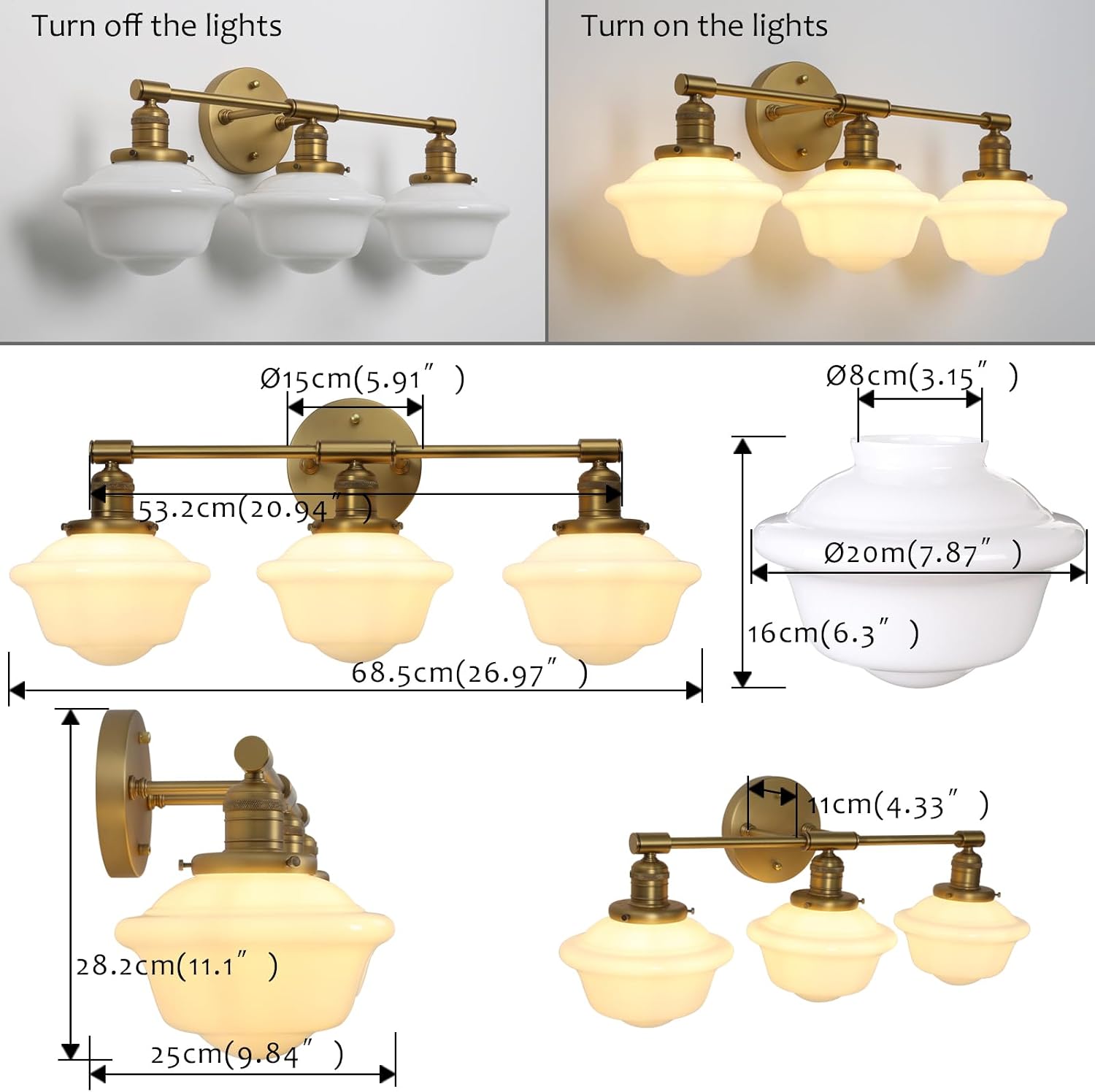 Pathson Milk White Glass Bathroom Wall Sconce Lights, 3-Light Hardwired Wall Vanity Lamps for Living Room Vintage Home Decor, E26 Base