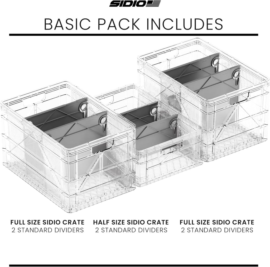 SIDIO Crate Basic Pack - 2 Full-Size & 1 Half-Size Heavy Duty Stackable Storage Bins, Totes and Containers with Dividers - Durable Plastic Organizer for Home, Office, Garage, and Outdoor Use