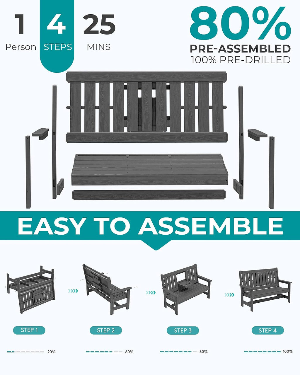 SERWALL Outdoor Bench with Cup Holder, 58' HDPE Garden Park Bench Suitable for 3 Person, All Weather Patio Benches with High Backrest and Wide Armrests for Garden, Park, Yard, Front Porch, Grey
