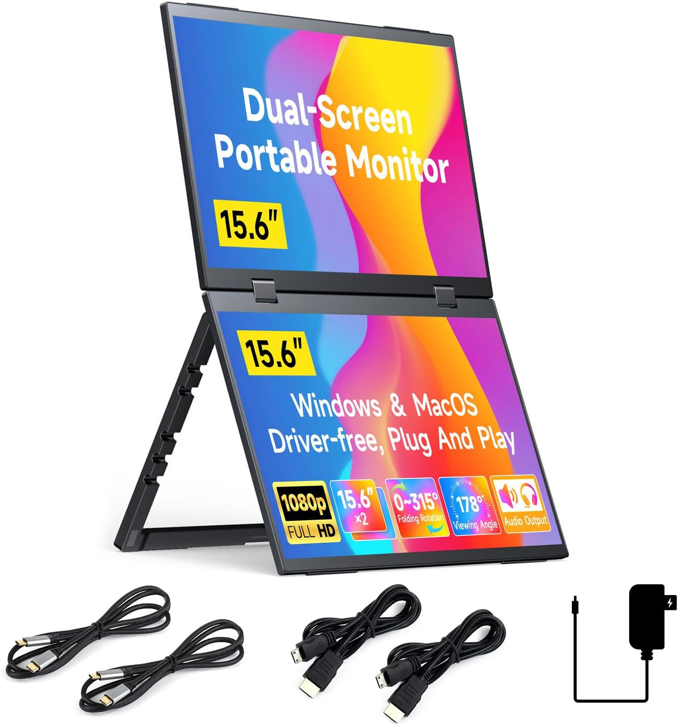 Waveshare 15.6inch Dual-Screen Stacked Portable Monitor Dual-1080p Foldable Extender Screen 100%SRGB 178° Viewing Angle With Gravity Sensor Hi-Fi Speaker Support Multi Display Modes for Windows/MacOS