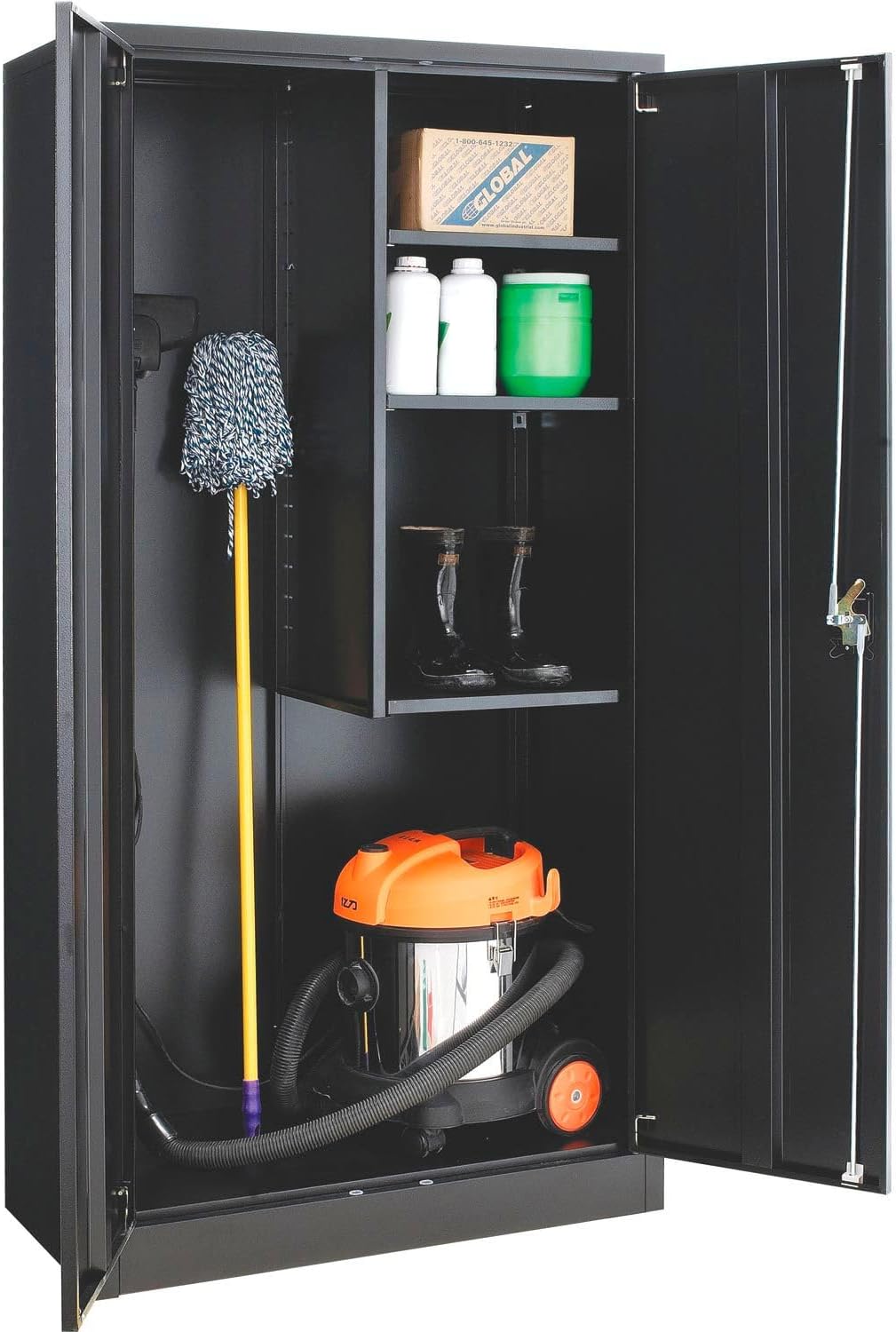 Global Industrial Janitorial Cabinet with Locking Recessed Handle, 4 Compartments, Steel Construction, 36' W x 18' D x 72' H, Black Powder Coat Finish, Assembly Required