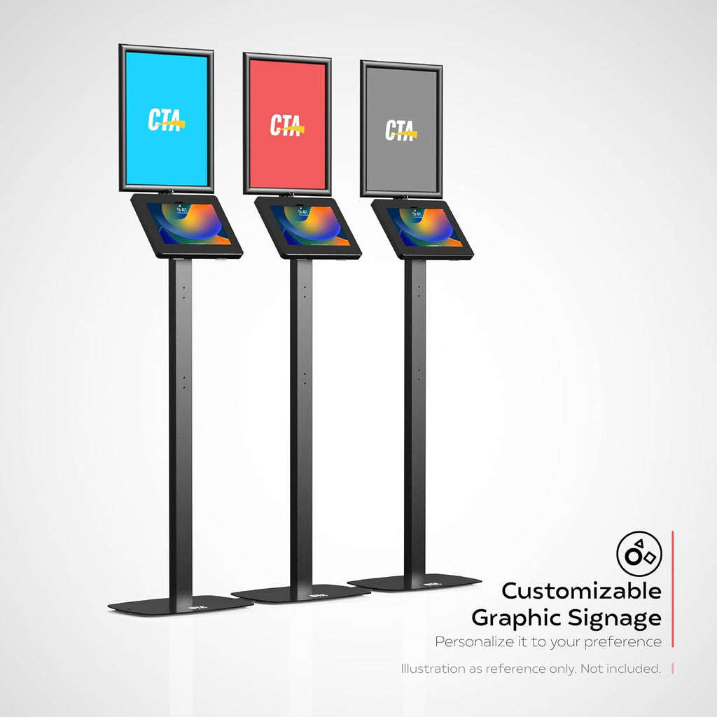 Thin Profile Graphic Sign Floor Stand – CTA Thin Graphic Sign Floor Stand w/Security Enclosure for iPad 10th Gen A16, iPad Air 11' M3 & M2, Pro 11' and More 9.7-11' Tablets - Black (PAD-CHKGRA)
