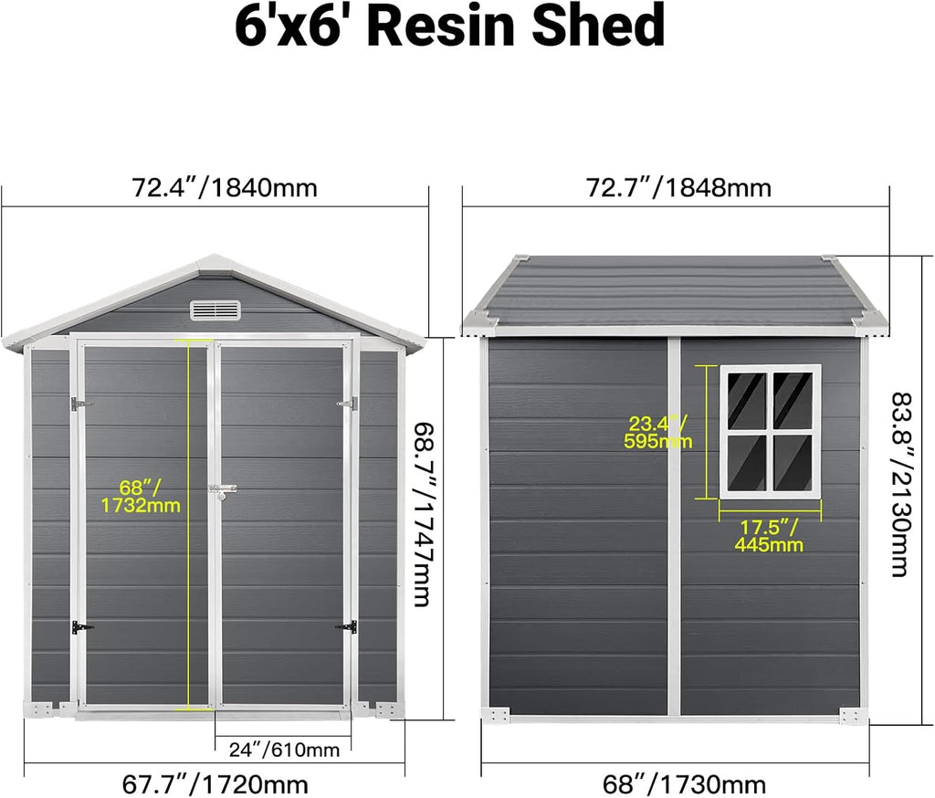 YOPTO 6x6 FT Storage Shed,Plastic Outdoor Storage Shed with Floor and Lockable Door,Waterproof Garden Shed W/Windows & Vents,Sloped Roof,Tool House for Storing Bicycles,Lawnmowers,Gray