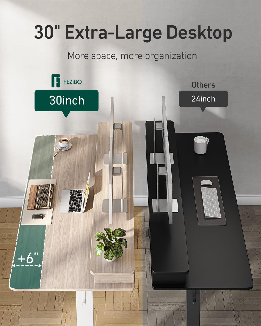 FEZIBO 60 x 30 inch Standing Desk with Drawers, Height Adjustable Electric Workstation, Computer Sit Stand Up Table with Large Storage Shelf 4 Drawers and 2 Hooks, Light Rustic Brown