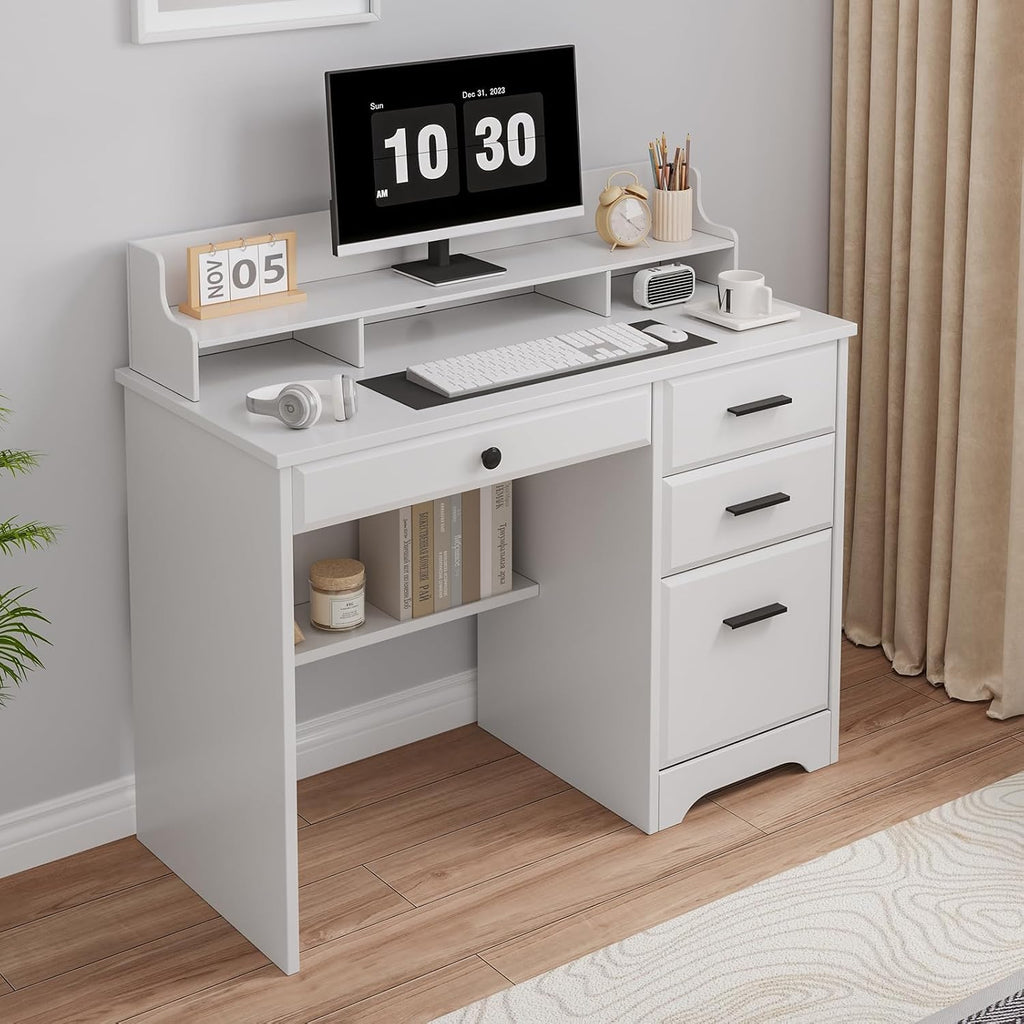 4 EVER WINNER White Desk with Drawers, 44 Inch Small Computer Desk with File Drawer and Monitor Stand, Wood Desk with Storage Shelf for Small Spaces, Living Room, Bedroom, White