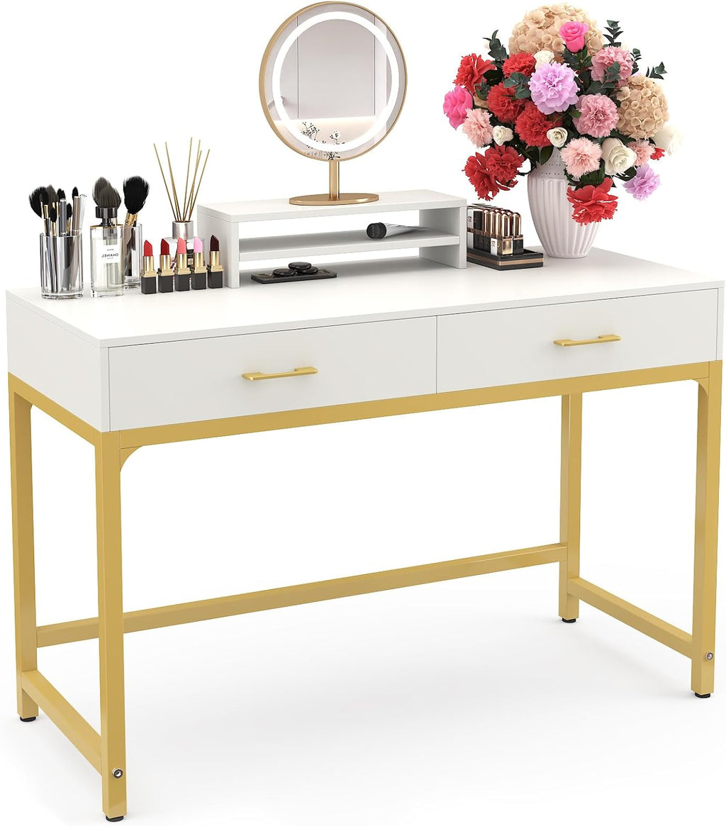 WESTREE Women Makeup Vanity Desk with 2 Drawers - Bedroom Home Office Desk, Wooden Height Monitor Stand & Storage Shelf Without Mirror, White Table Great Gift for Her