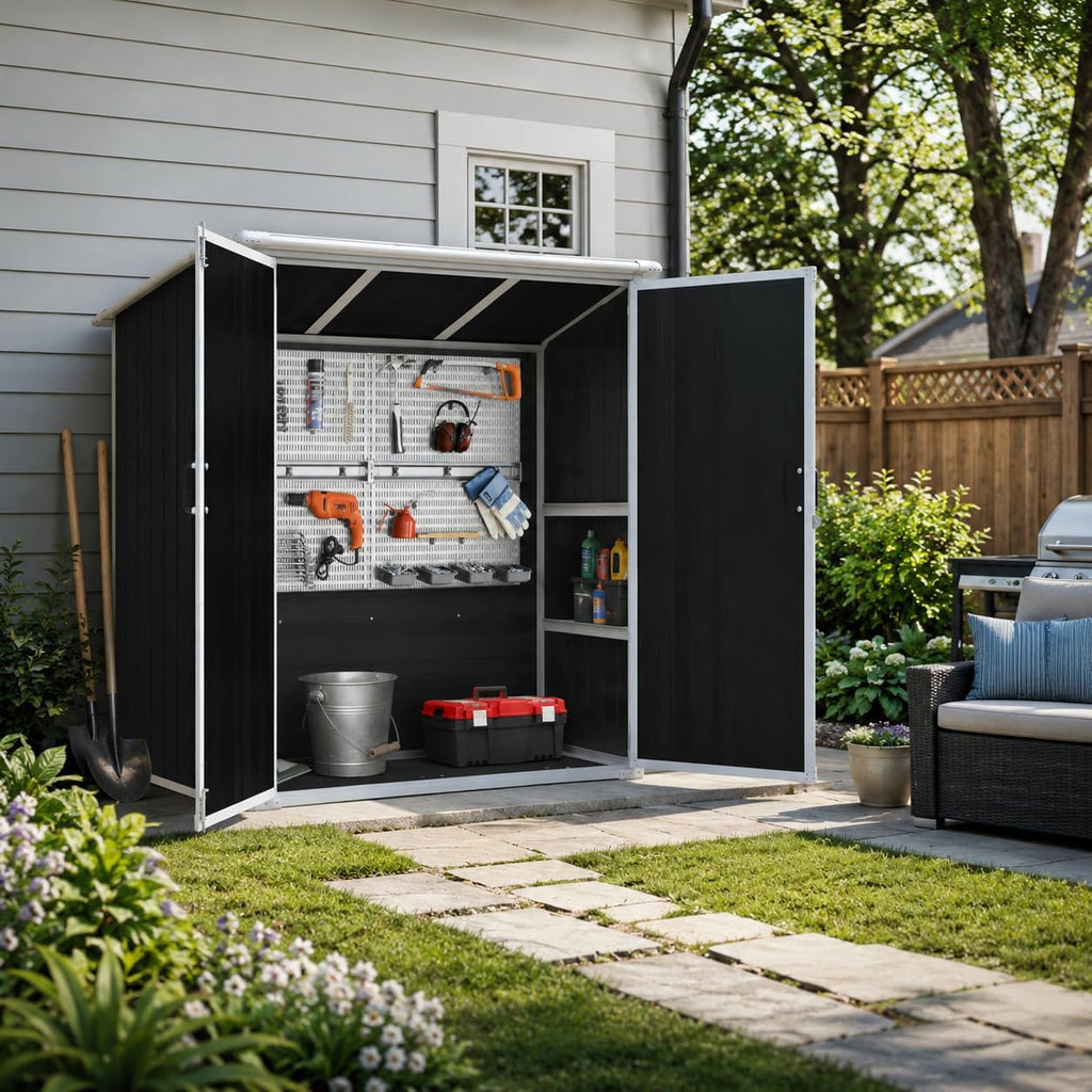 JT 5x3 FT Outdoor Storage Shed, Resin Garden Shed with Floor and Lockable Door, Waterproof Plastic Sheds for Backyard, Patio, Lawn Tools (Black)