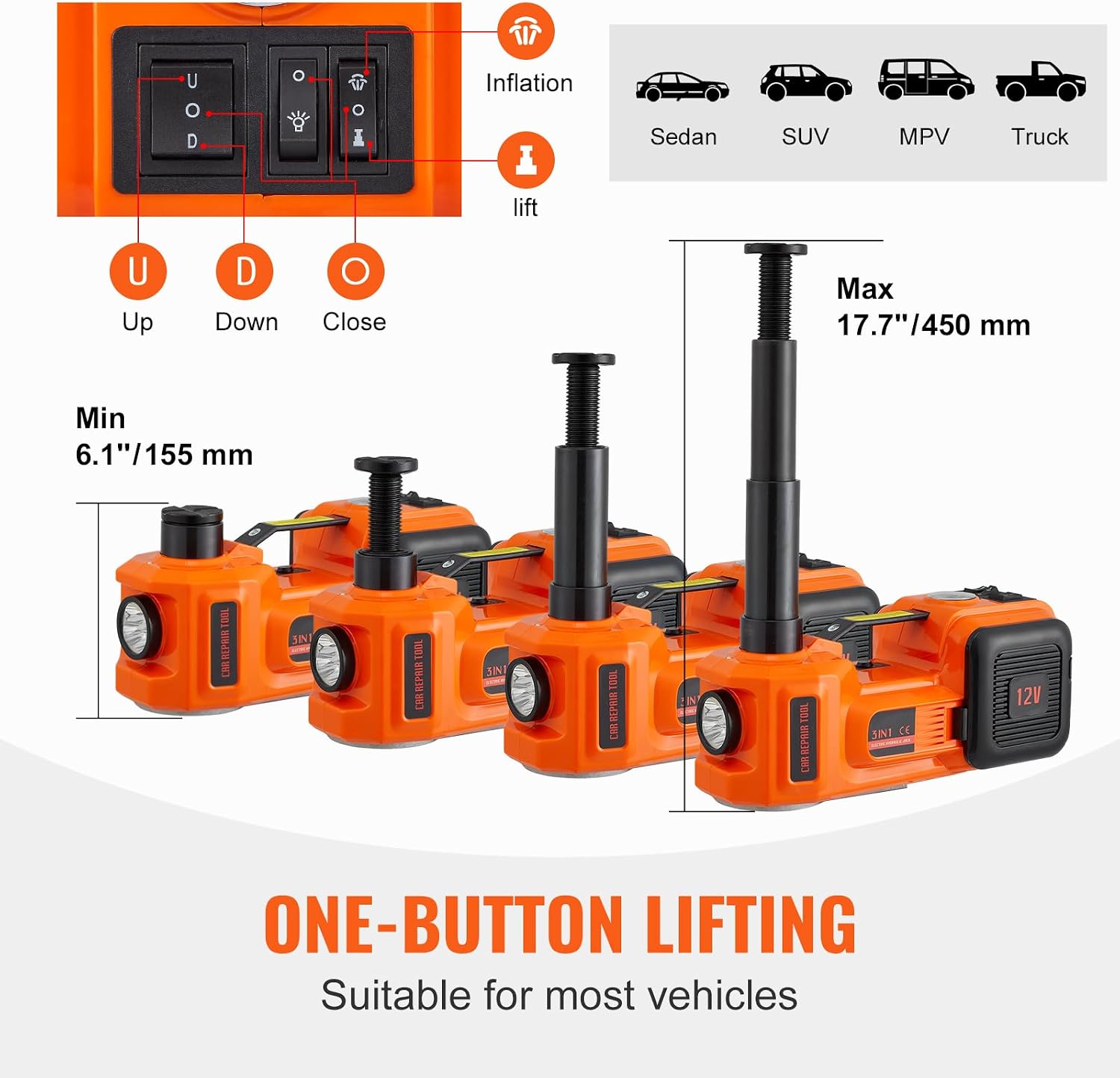 VEVOR Electric Car Jack, 5 Ton/11023 LBS Hydraulic Jack Lift with Electric Impact Wrench, Built-in Inflatable Pump, and LED Light for SUV MPV Sedan Truck Change Tires Garage Repair