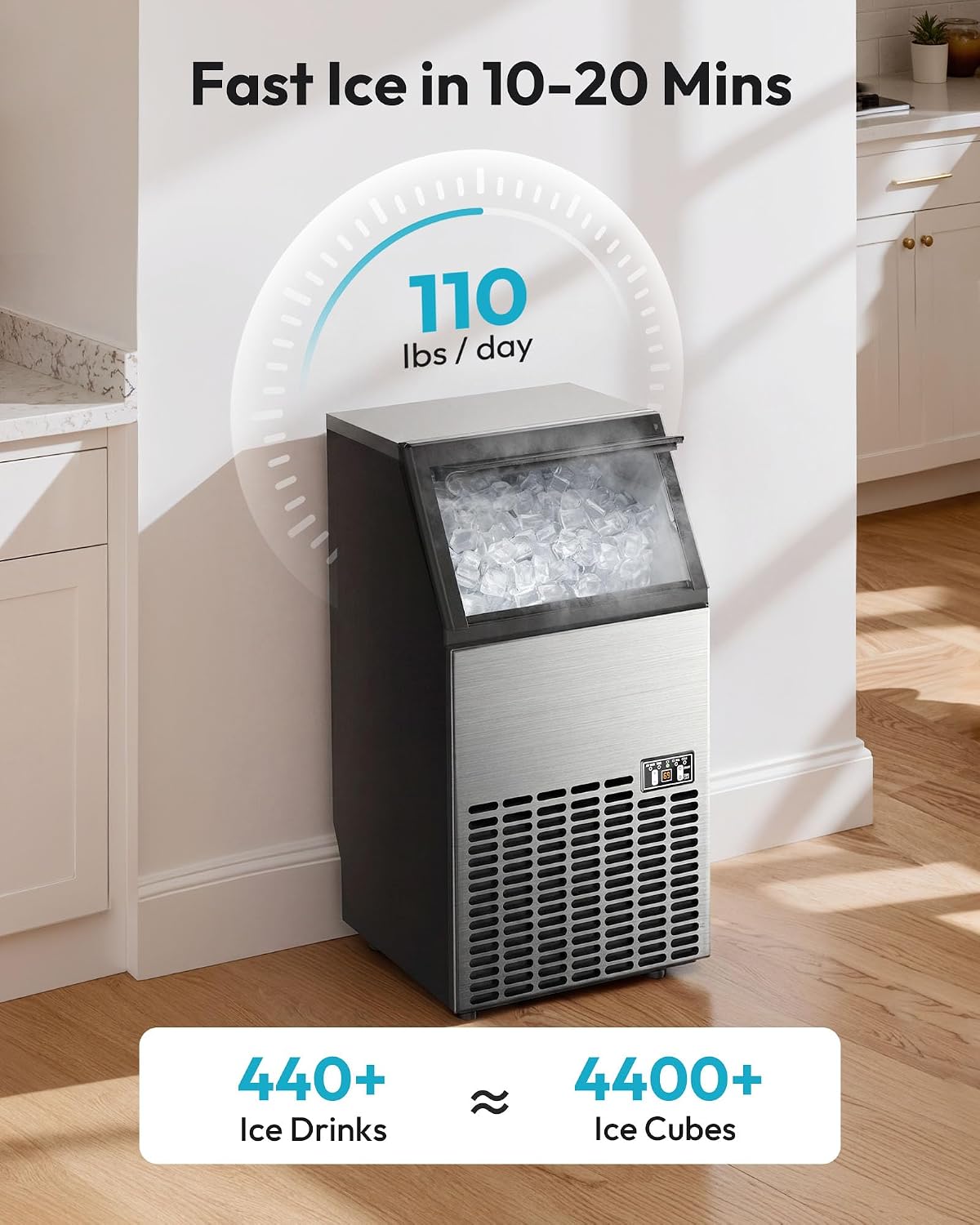 EUHOMY Commercial Ice Maker Machine - 110lbs Daily Production, 33lbs Ice Storage, Stainless Steel Freestanding & Under Counter Ice Maker, Ideal Ice Maker for Home/Bar/Restaurant/Outdoor Activities