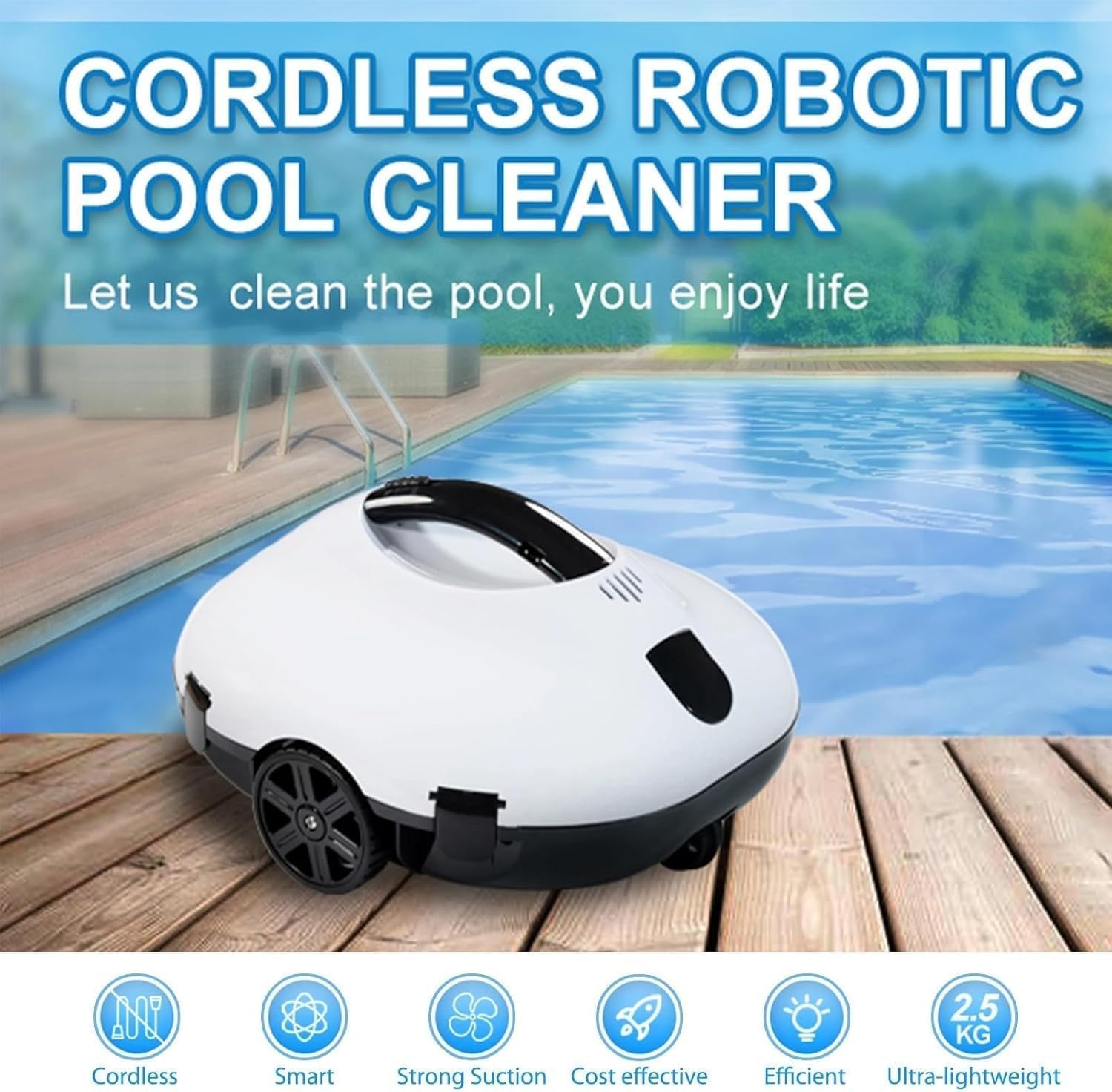 Automatic Robotic Pool Cleaner, Cordless Pool Vacuum Cleaner, Powerful Suction Lasts 130 Mins, Intelligent Path Planning for Flat Pool (Orange)