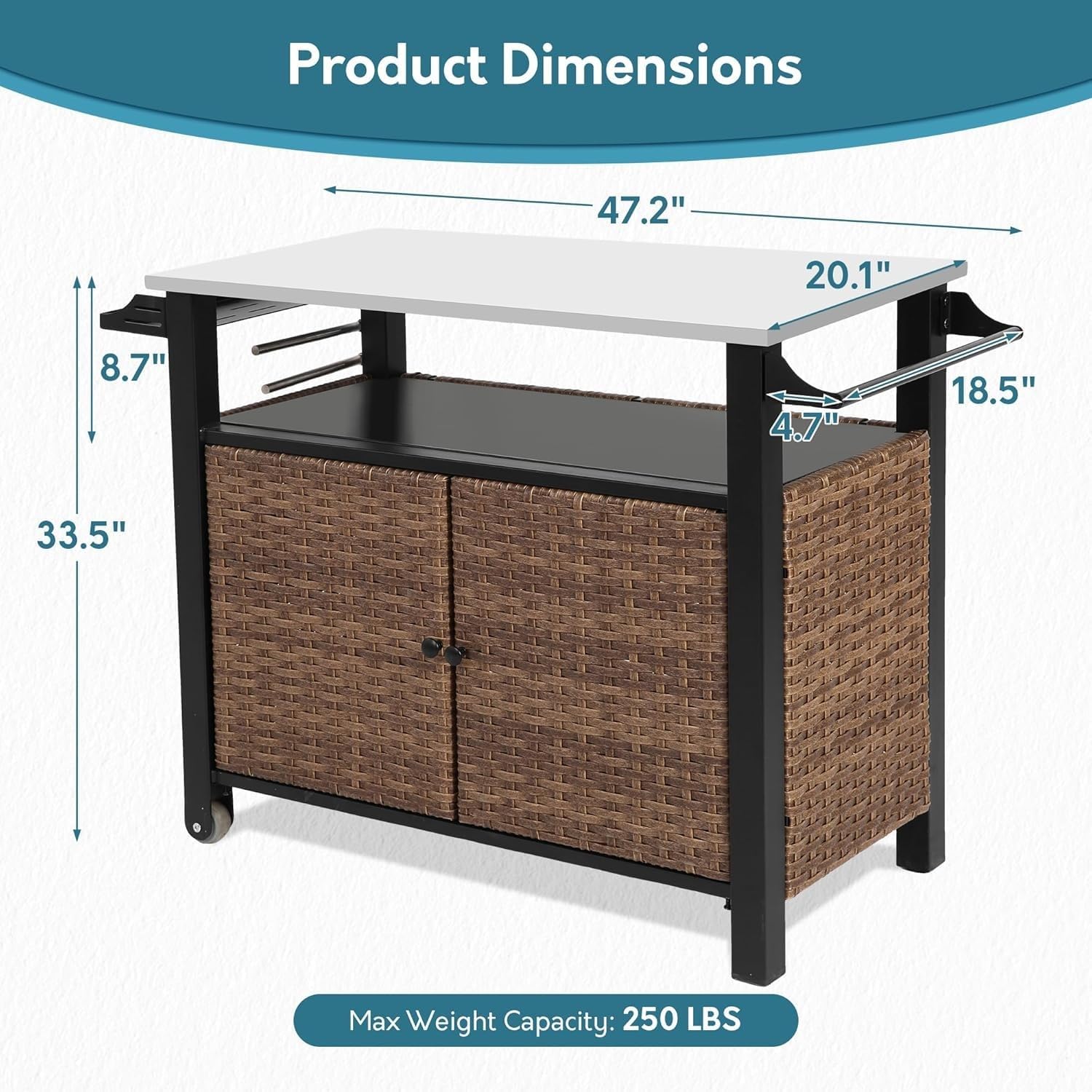47.2' Grill Cart Outdoor with Wheels, Outdoor Prep Table with Wicker Storage and Rolling Wheels, Kitchen Island Serving Cart with Stainless Steel Table Top for BBQ, Porch, Patio, Brown