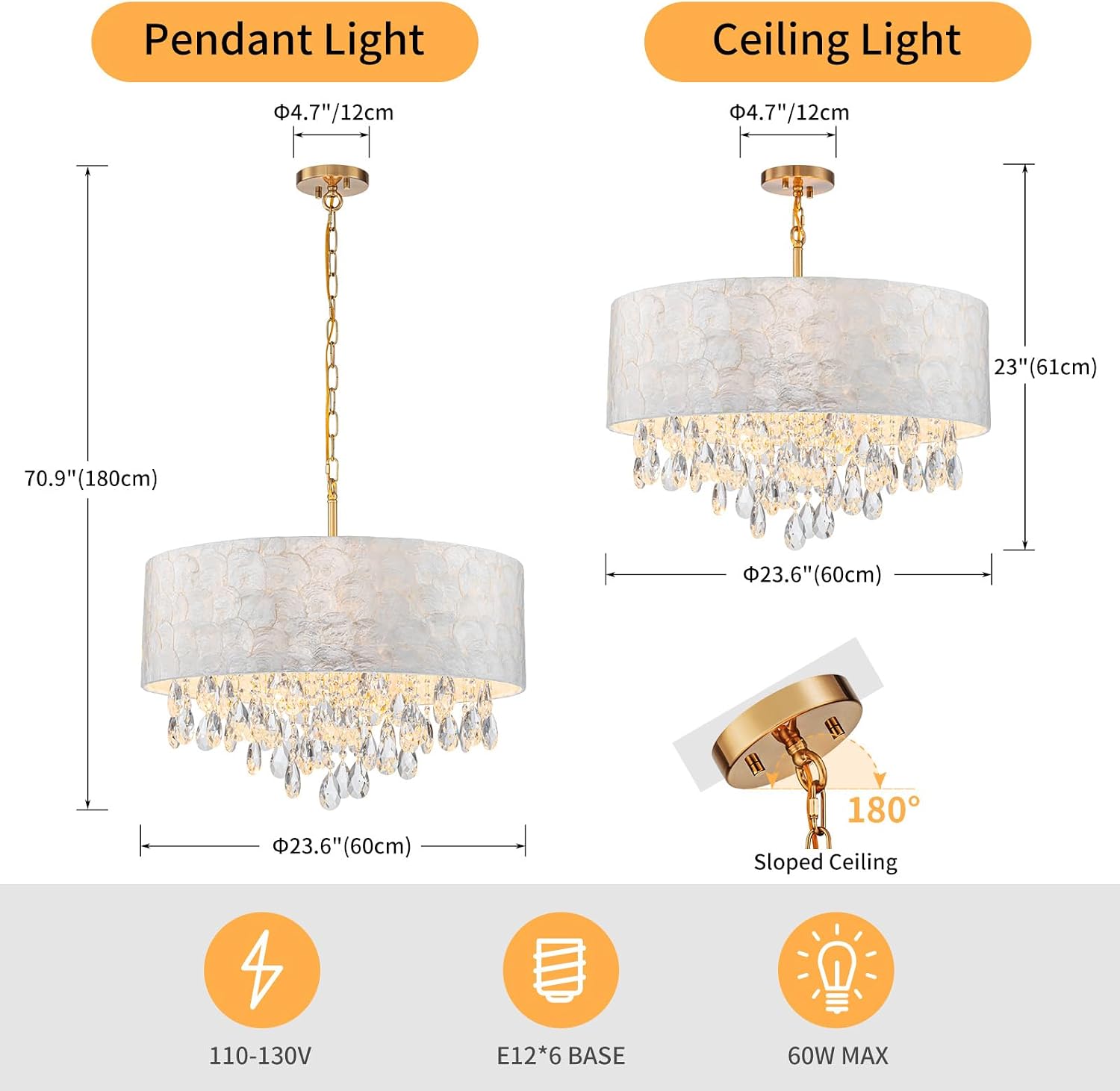 LumFurn X-Large D24in Drum Capiz Shell Crystal Chandeliers, 6-Light Coastal Style Light Fixture for Dining Room, Living Room, D24xH23~71in(Adjustable), K9 Crystal, Shell Lampshade & Gold Finish