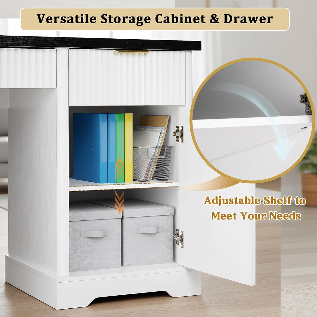 55' Modern Fluted Office Desk with Storage Cabinet & Drawers, Computer Writing Desk with Power Outlet, Pegboard, Built-in Shelves and Keyboard Tray for Study, Living Room, Home Office (White)