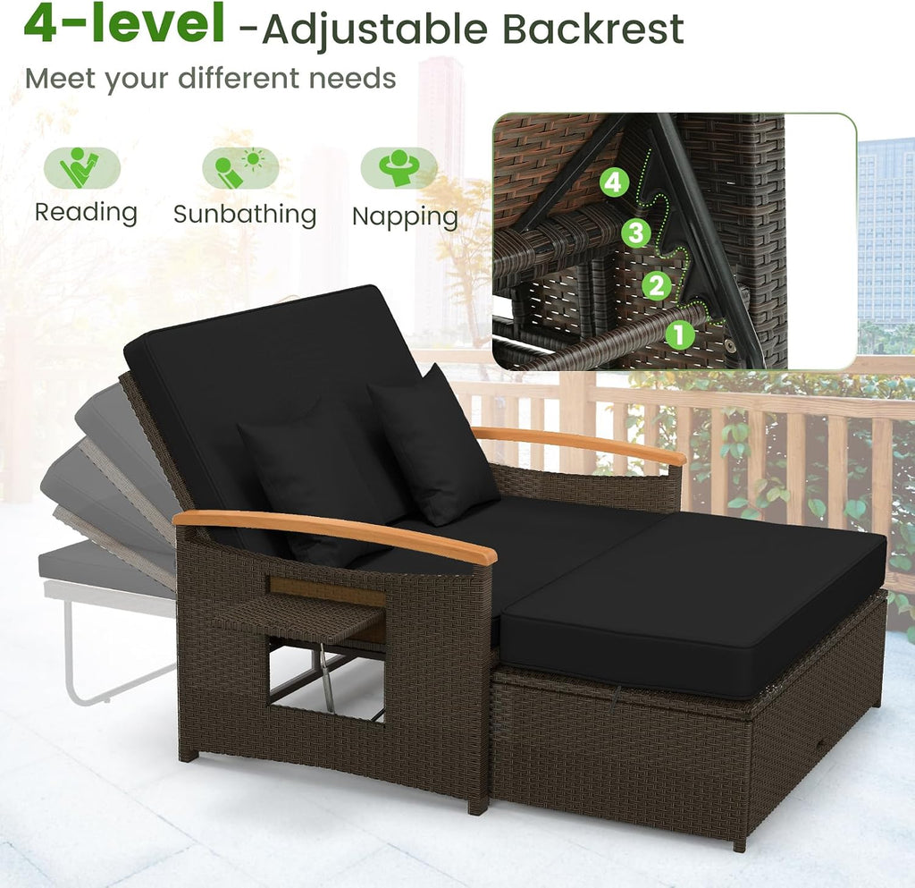 Tangkula Patio Rattan Daybed with 4-Level Adjustable Backrest, Outdoor Wicker Loveseat with Acacia Wood Armrest, Storage Ottoman & Folding Tray, Double Sunbed for Balcony, Backyard & Poolside (Black)