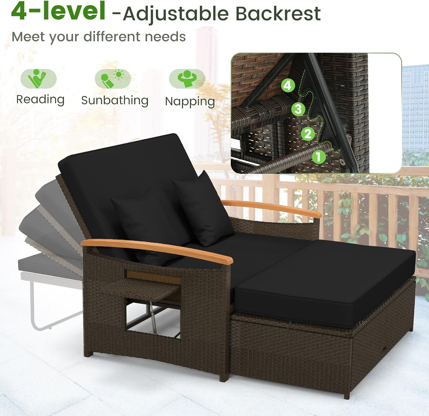 Tangkula Patio Rattan Daybed with 4-Level Adjustable Backrest, Outdoor Wicker Loveseat with Acacia Wood Armrest, Storage Ottoman & Folding Tray, Double Sunbed for Balcony, Backyard & Poolside (Black)