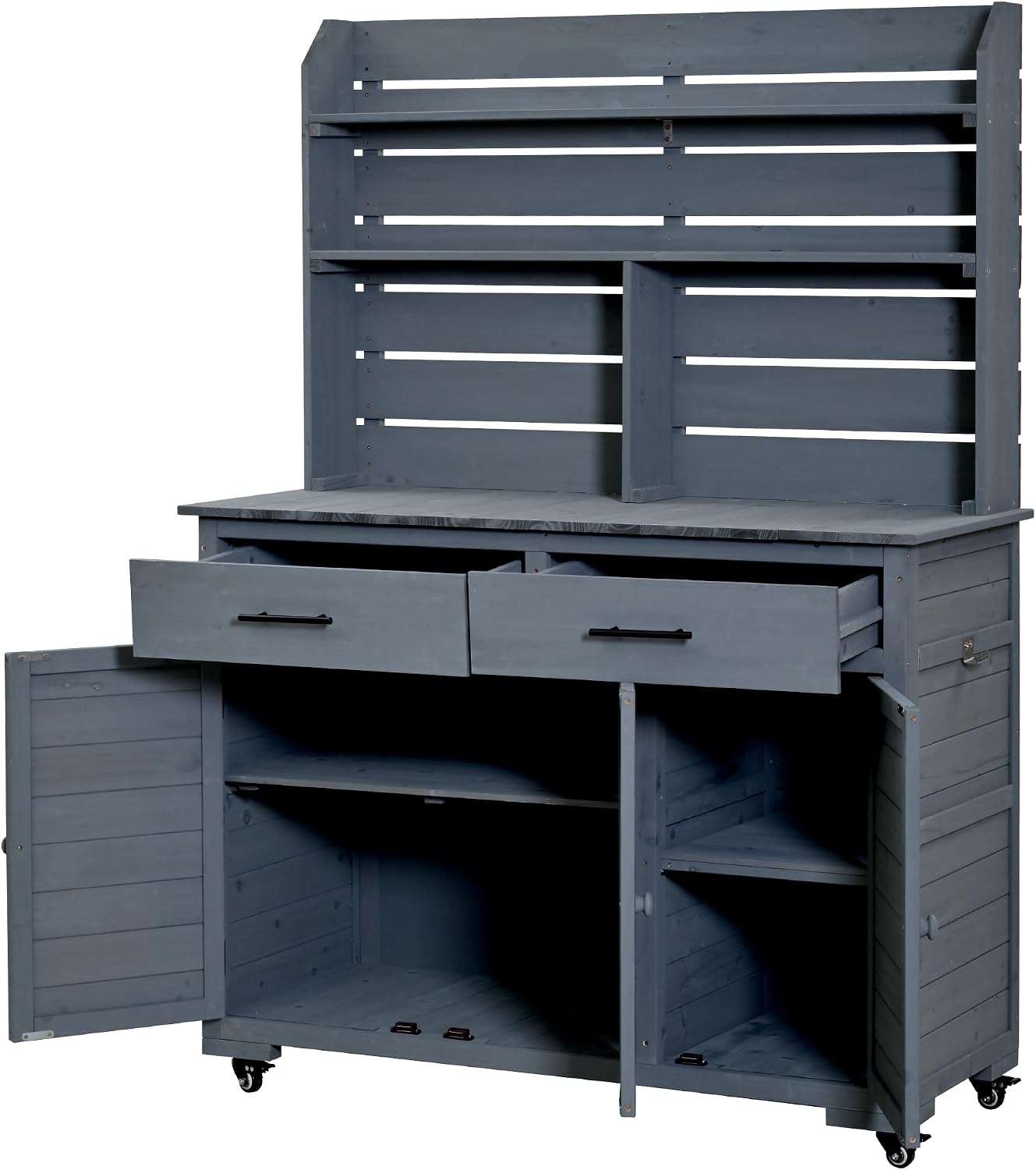 Multifunctional 3-in-1 Potting Bench Workstation with Storage & Wheels | Sturdy Fir Wood | Outdoor Garden, Patio, BBQ Prep Station (Gray-W)
