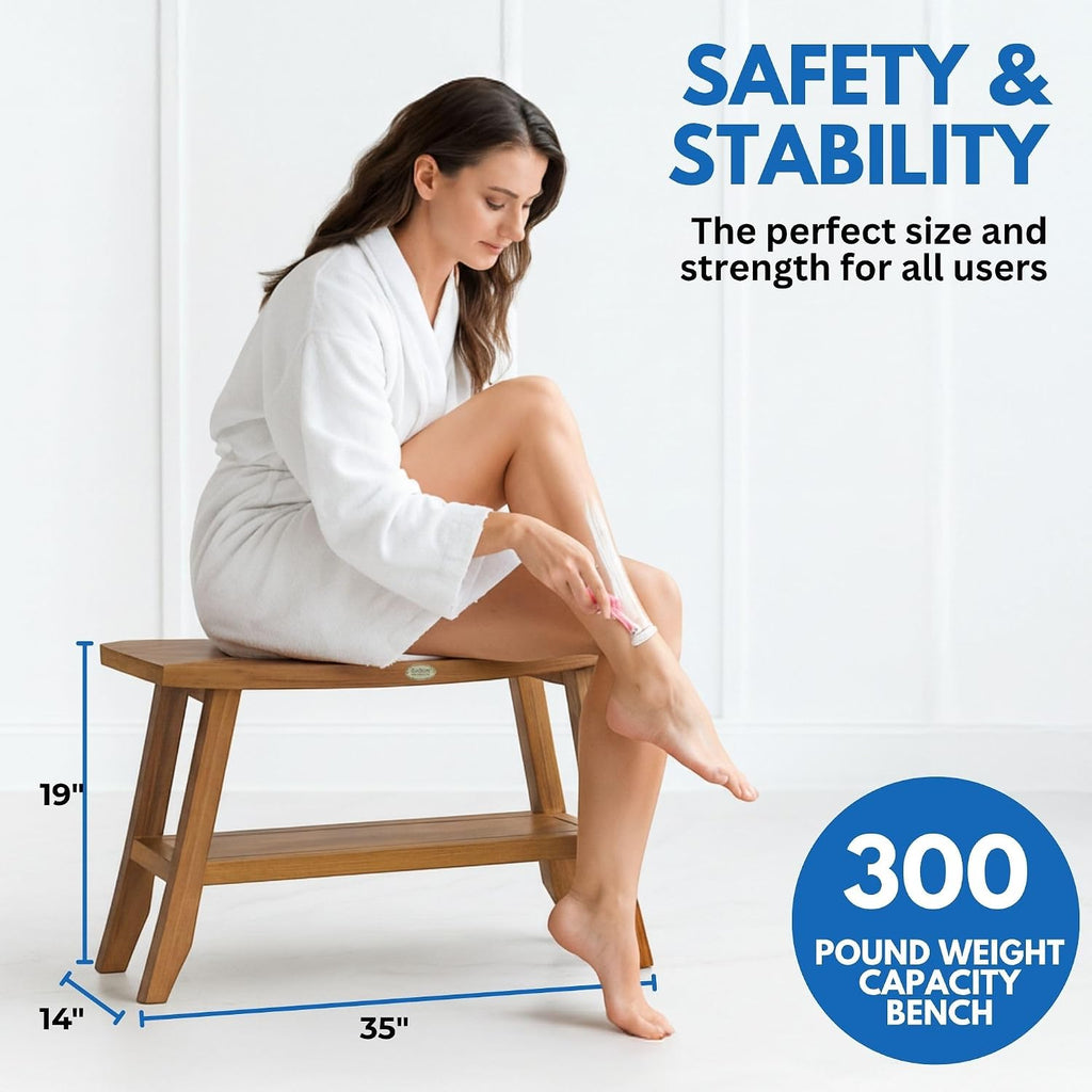 EcoDecors 34 Inch Satori Natural Teak Waterproof Teak Wood Shower Bench Stool Seat Chair For Inside Shower Provides Safety, Storage, and Organization For Bathroom Accessories