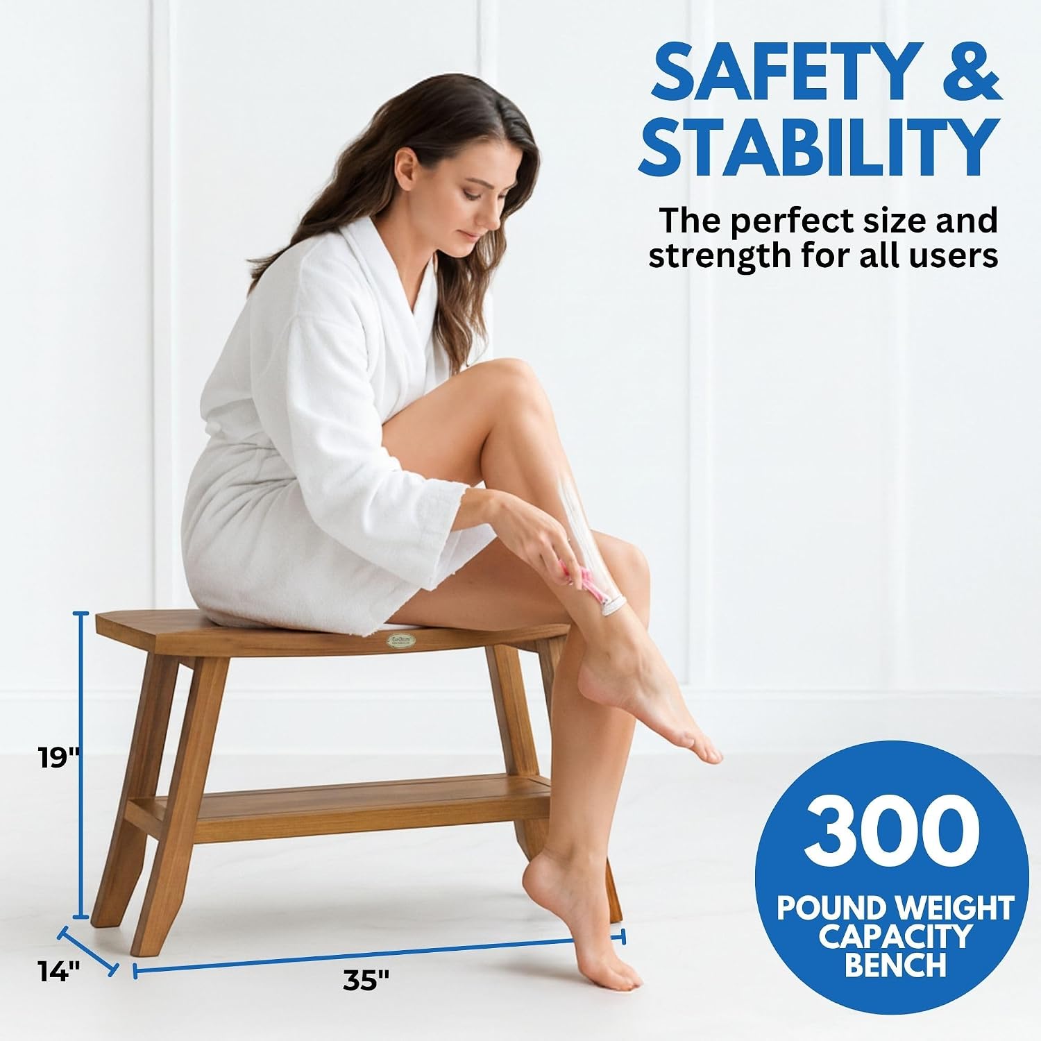 EcoDecors 34 Inch Satori Natural Teak Waterproof Teak Wood Shower Bench Stool Seat Chair For Inside Shower Provides Safety, Storage, and Organization For Bathroom Accessories