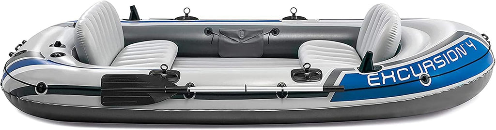 Intex 68324EP Excursion 4 Inflatable Boat Set: Includes Deluxe 54in Boat Oars and High-Output Pump – Adjustable Seats with Backrest – Fishing Rod Holders – 4-Person – 1100lb Weight Capacity