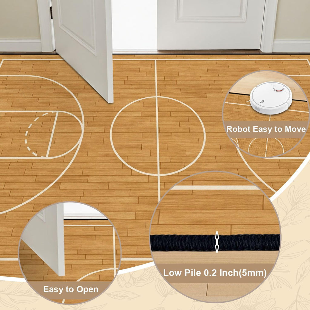 8x10 Area Rugs for Bedroom Boho Washable Rug for Living Room Basketball Court Wooden Flooring White Lines Carpet for Dining Room Soft Rubber Backed Non-Slip Carpets for Bedroom Office