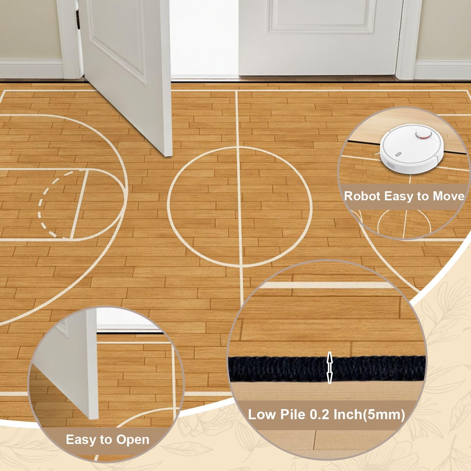 8x10 Area Rugs for Bedroom Boho Washable Rug for Living Room Basketball Court Wooden Flooring White Lines Carpet for Dining Room Soft Rubber Backed Non-Slip Carpets for Bedroom Office