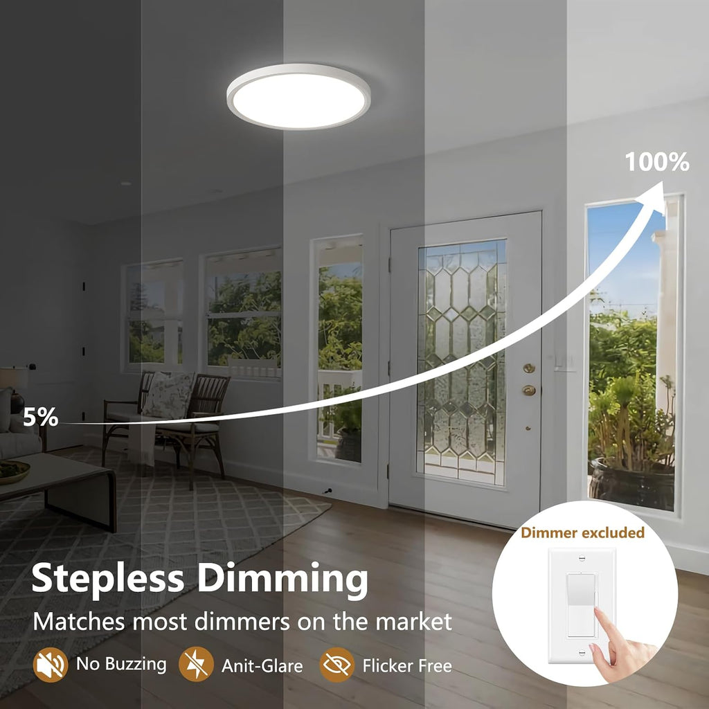 Dimmable 12Inch LED Flush Mount Ceiling Light, 24W, 2520LM, 2700K/3000K/4000K/5000K/6000K CCT Selectable,LED Round Flat Panel Light Dimmable from 5% to 100% for Bedroom,Kitchen,Hallway, White 12PK