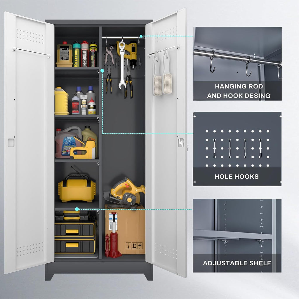 LUCYPAL Broom Storage Cabinet with Locking Doors and Shelves,Broom Closet Storage Cabinet with Hanging Rod and Hooks,Metal Garage Cabinets for Kitchen,Bathroom,Office 72.8' H White&Grey
