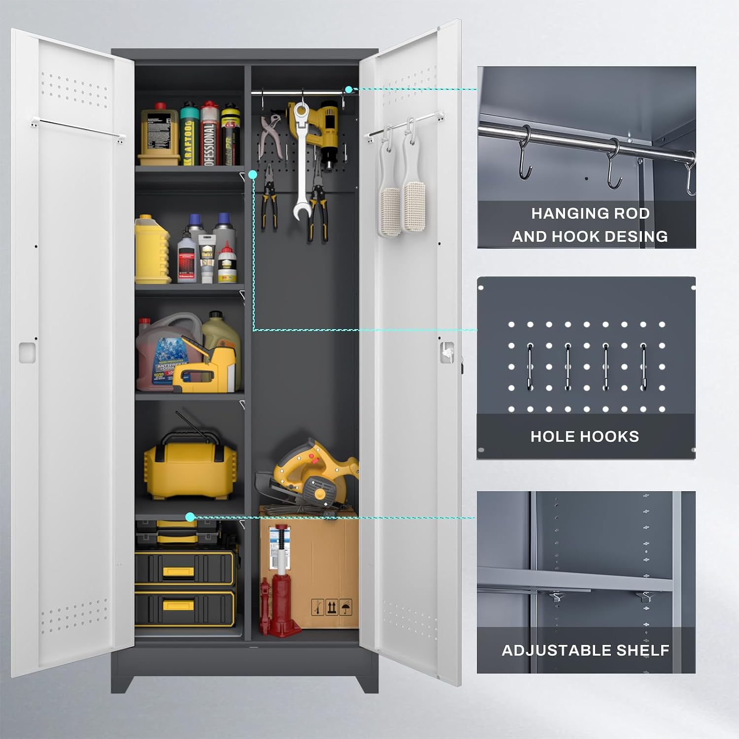 LUCYPAL Broom Storage Cabinet with Locking Doors and Shelves,Broom Closet Storage Cabinet with Hanging Rod and Hooks,Metal Garage Cabinets for Kitchen,Bathroom,Office 72.8' H White&Grey