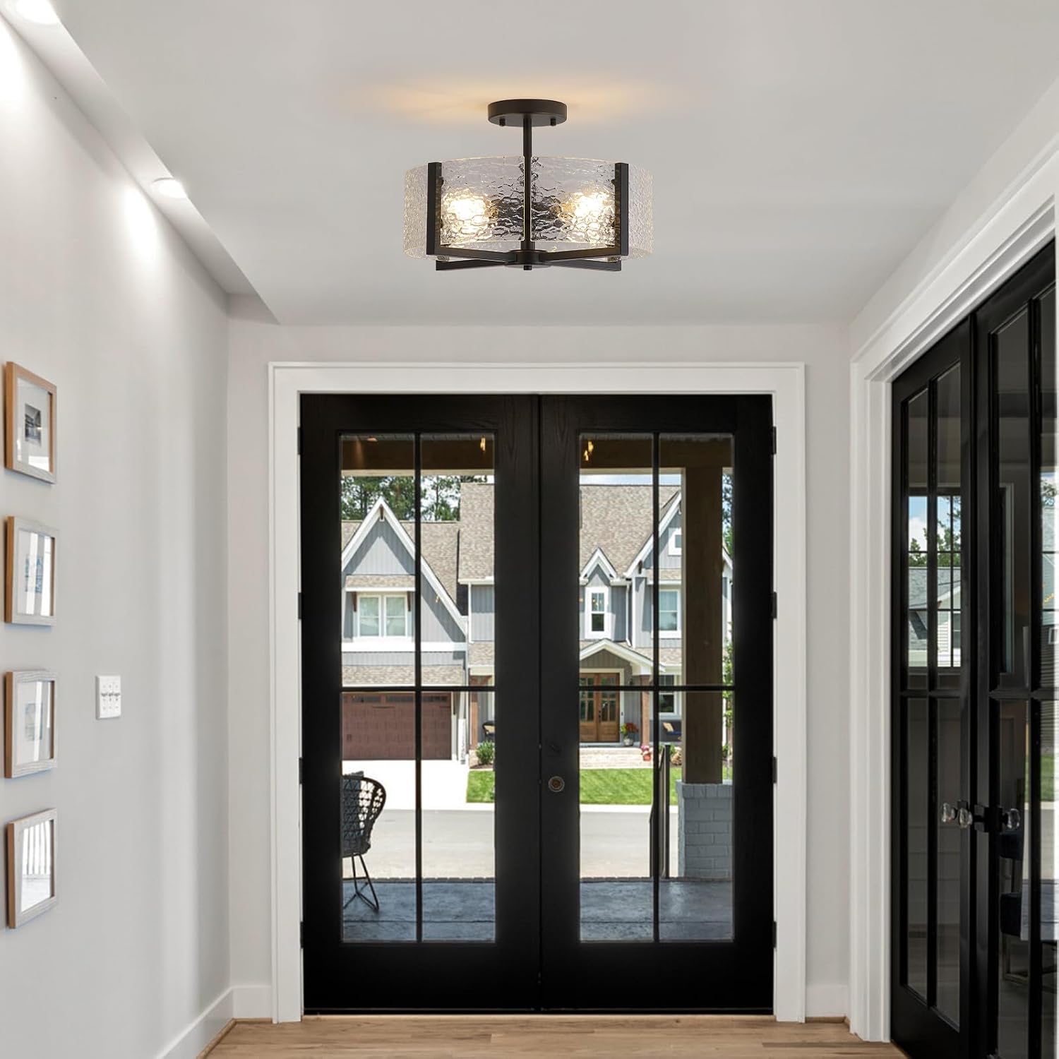 18' Black Large Semi Flush Mount Ceiling Light, 4-Light Farmhouse Ceiling Light, Foyer Light Fixtures Modern Glass Ceiling Mount for Entryway Bathroom Hallway Bedroom Kitchen