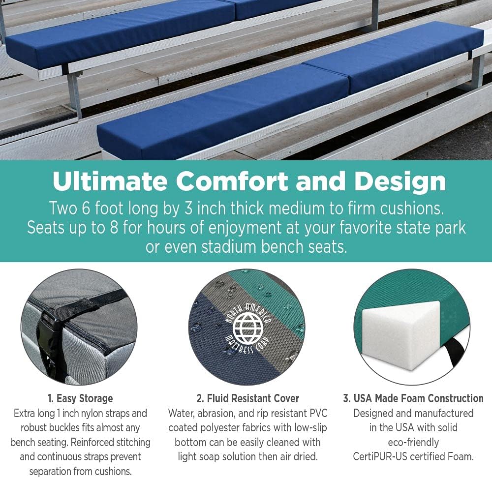 North American Mattress 6' Outdoor Picnic Bench Seat Cushion -2 Piece Set; 72' (6ft) x 10' x 3'; Green/Blue - Folding & Easy to Carry
