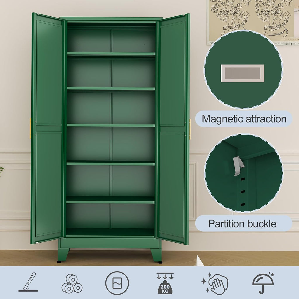 Green Metal Storage Cabinet,75' Steel Cabinets for Home Office, Kitchen Pantry Storage Cabinet with Doors and 5 Adjustable Shelves, Tool Cabinets, for Office, Home, Garage, School