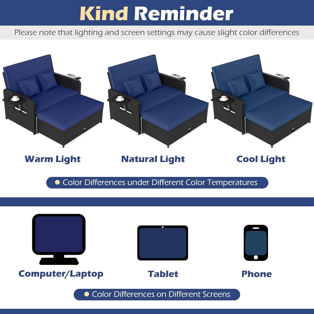 COSTWAY Patio Rattan Daybed with Cushions, Outdoor Wicker Loveseat Sofa with Storage Ottoman, 4-Level Adjustable Backrest, Bed Lounger for Yard, Balcony, Porch, Garden, Pool (Black+Navy)