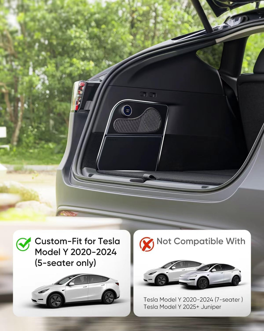Tesla Model Y Car Refrigerator 2020-2024 (5-Seater Only) | 16.9Qt Fridge Hidden Trunk-Side Install,21.2°F Cooling with Knob & APP Control, 3-Mode Adjustable Chill,Ultra-Low Power for Camping & Travel