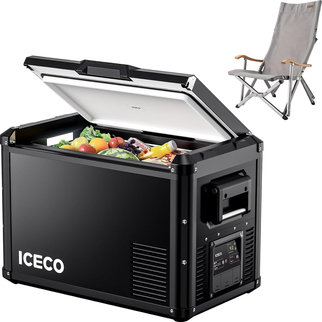 ICECO VL45 ProS 12 Volt Fridge with SECOP Compressor, 45L Portable Refrigerator Freezer, Multi-directional Lid, Dual USB & DC 12/24V, AC 110-240V, 0℉-50℉, for Car, RV, Outdoor |With Camping Chair Grey