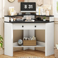 Corner Desk, Triangle Computer Desk Home Office Workstation with Drawer and Monitor Stand for Small Spaces Farmhouse Corner Vanity Table for Bedroom Study, Living Room (Rustic White and Black)