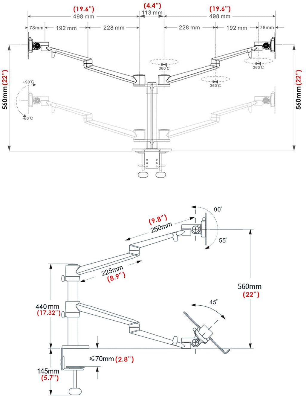 4 arm Height Adjustable Desk Bed Holder Mount Stand for 10 to 17 inch Laptop and Double Monitor(11-27 inc),Compatible with MacBook,Ipad Pro Ipad Air,IPad Mini, Tablets 9 to 13 inch (CHROME SILVER)