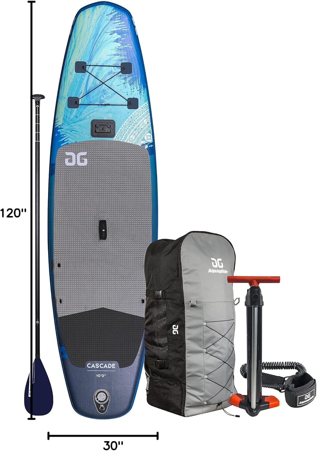 AQUAGLIDE Inflatable Stand Up Paddle Board with Premium SUP Accessories - Backpack, 3-Piece Focus Leverlock Paddle, Fin, Leash, and Hand Pump - Cascade 10' ISUP, Multicolor