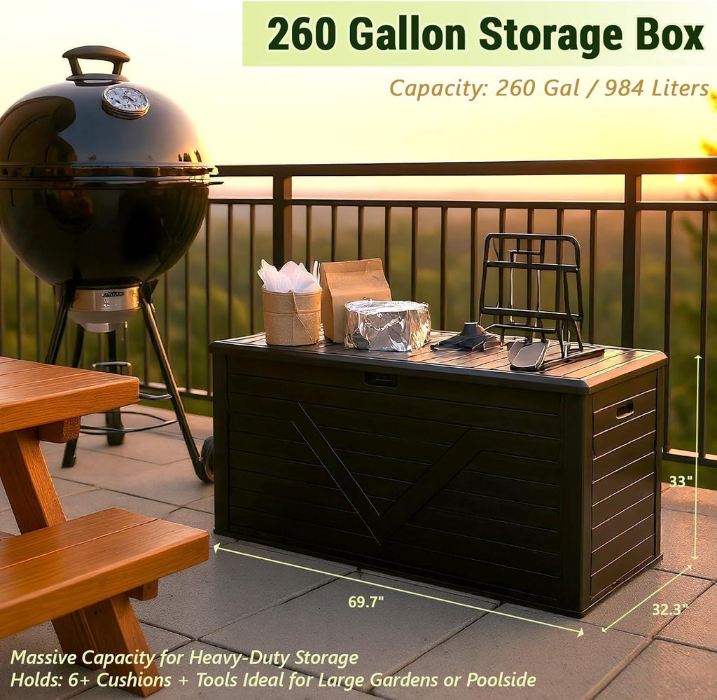 260 Gallon Outdoor Storage Box, Waterproof Resin Double-Wall Deck Box Organizer with Removable Dividers for Patio Cushion Storage, Lockable Outside Container for Garden Tools