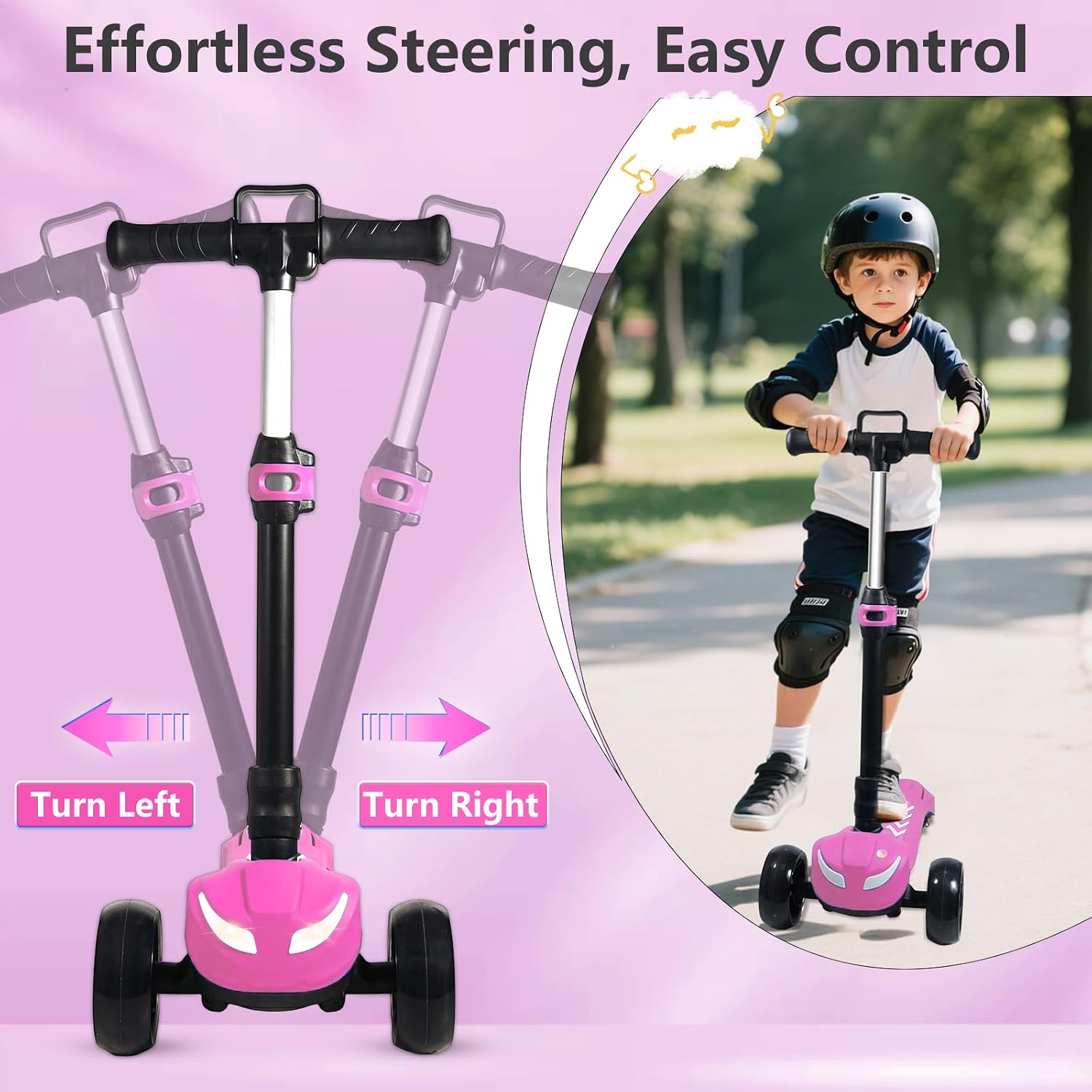 Electric Scooter for Kids Ages 3-12, Full Body Lights Up, Wide Deck, 3 Adjustable Heights, 5MPH Safe Speed, 90min Riding, Foldable 3 Wheel Electric Scooter for Kids Boys Girls Toddler