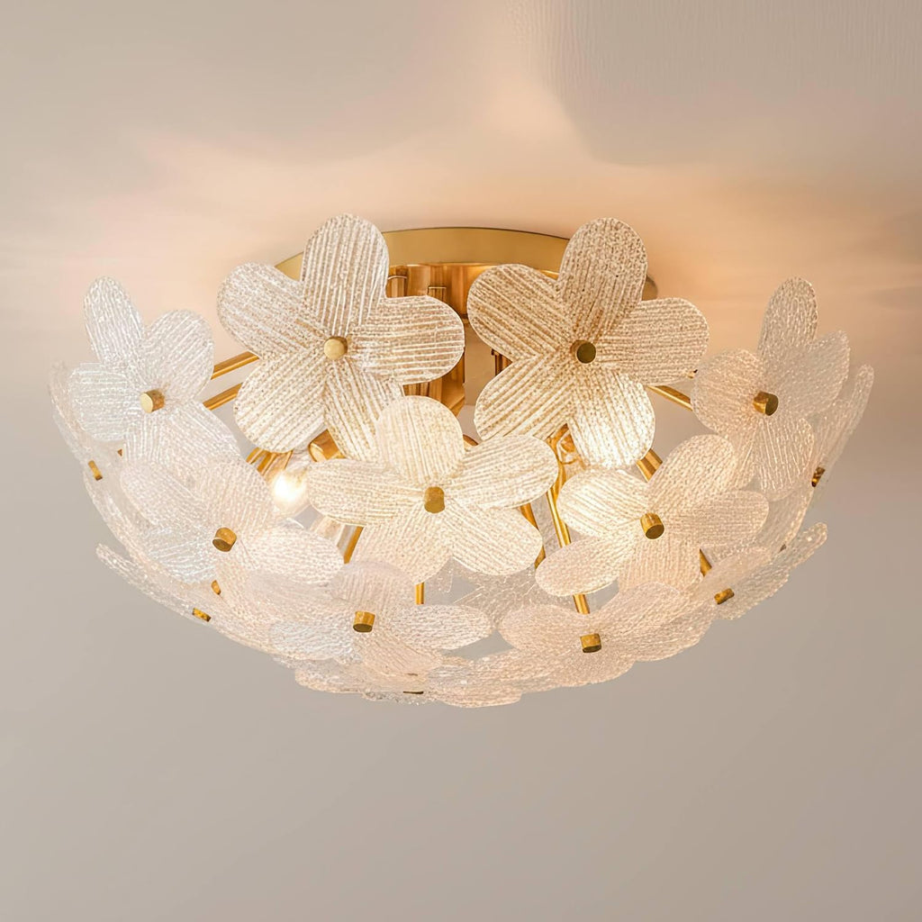 Possini Euro Design Filoli 20' Modern Semi Flush-Mount Ceiling Light Fixture Kitchen Foyer Hallway Flower Unique Gold Finish Glass Metal Bedroom Bathroom Entryway Living Room Indoor Office Small