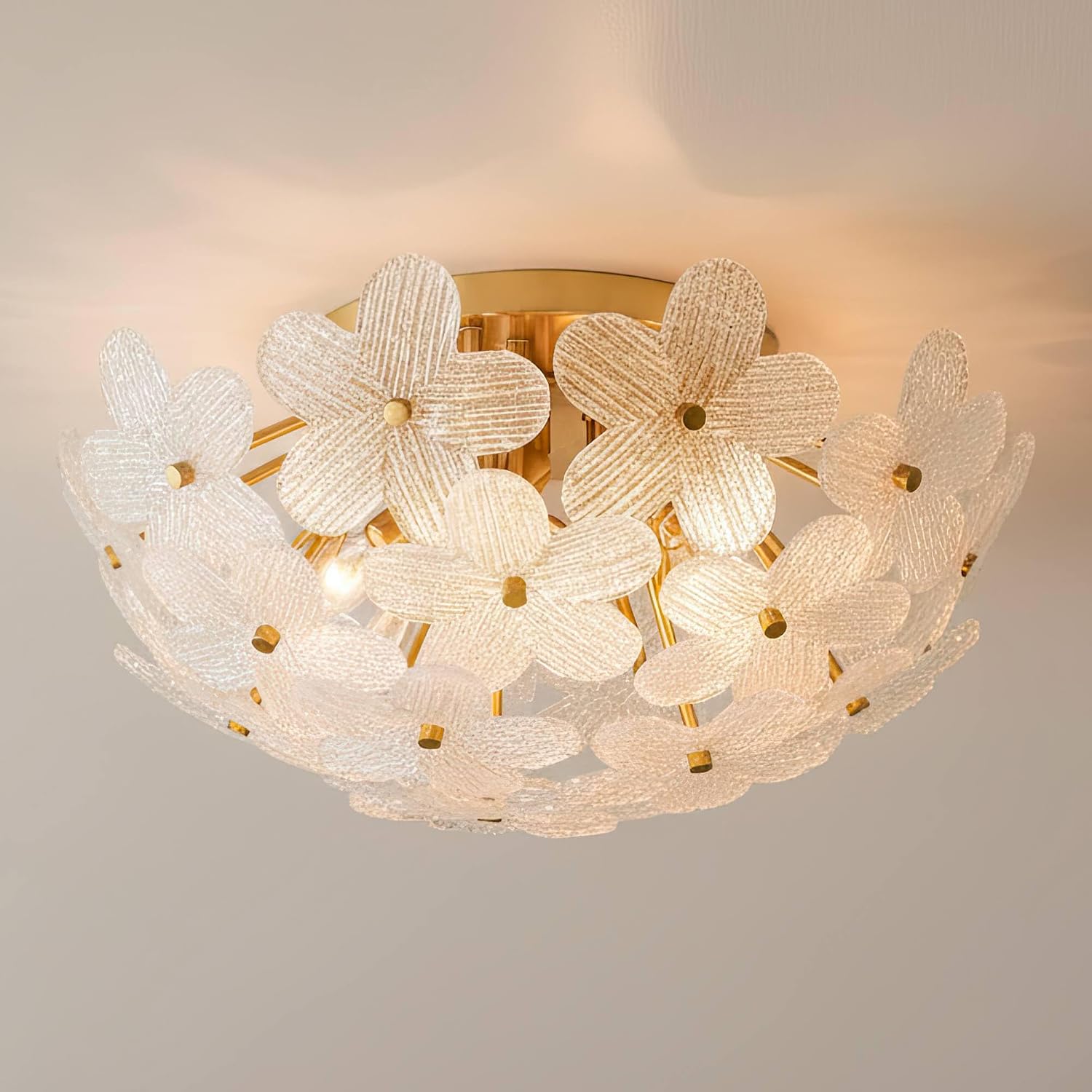 Possini Euro Design Filoli 20' Modern Semi Flush-Mount Ceiling Light Fixture Kitchen Foyer Hallway Flower Unique Gold Finish Glass Metal Bedroom Bathroom Entryway Living Room Indoor Office Small