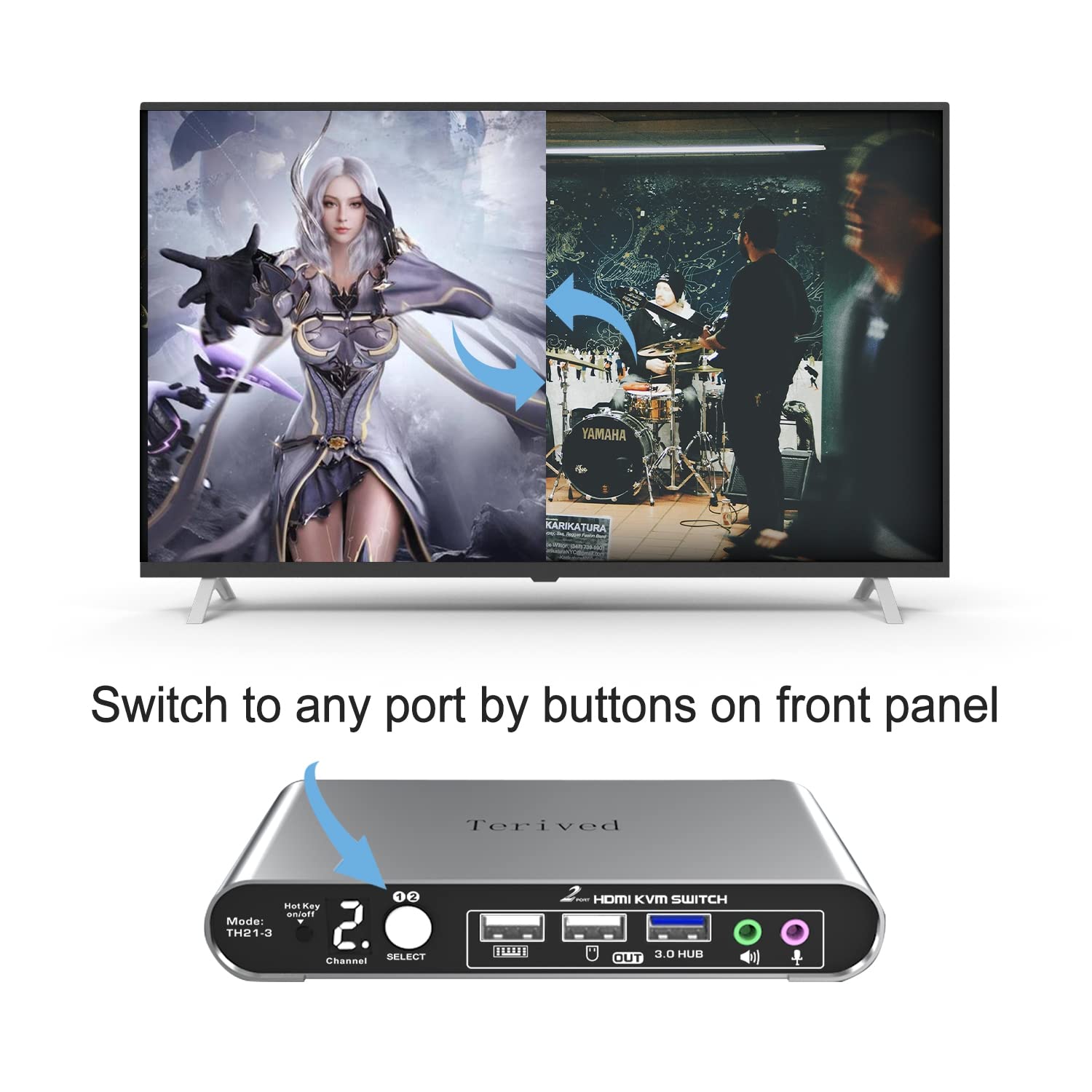 2 Port HDMI USB 3.0 KVM Switch with Aluminum Alloy Shell and Digital Display,Audio/Microphone, 4K@60Hz,hotkey,Auto EDID, HDR10 with Cables