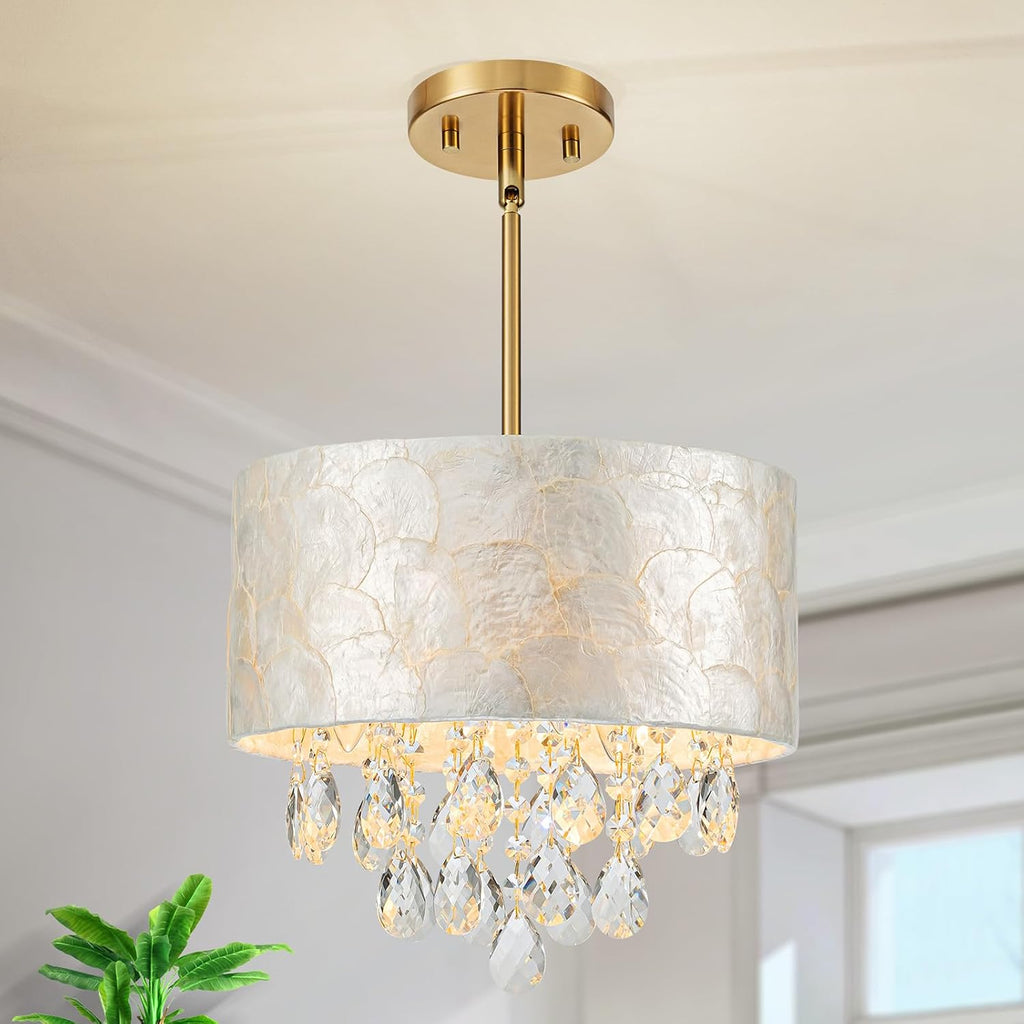 LumFurn D12in Drum Capiz Shell Crystal Chandeliers, 3-Light Coastal Pendant Light Fixture for Dining Room, Living Room, D12xH19~49'(Adjustable), K9 Crystal, Shell Lampshade & Brass Finish