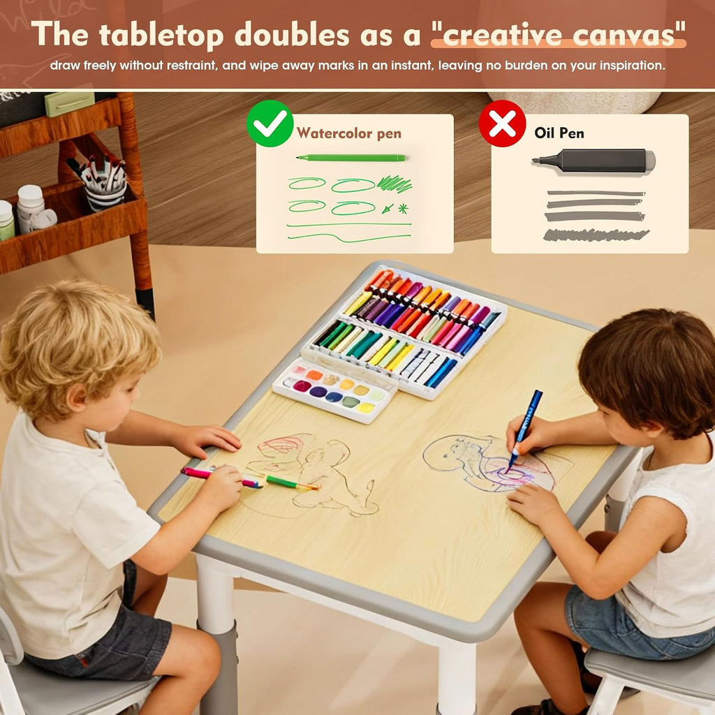 HLPB Kids Table and 2 Chairs Set, Adjustable Height, Graffiti Desktop, Non-Slip Legs, 31.5''L x 23.6''W Toddler Multi-Activity Table for Ages 2-8, Max 300lbs, for Daycare, Classroom, Home