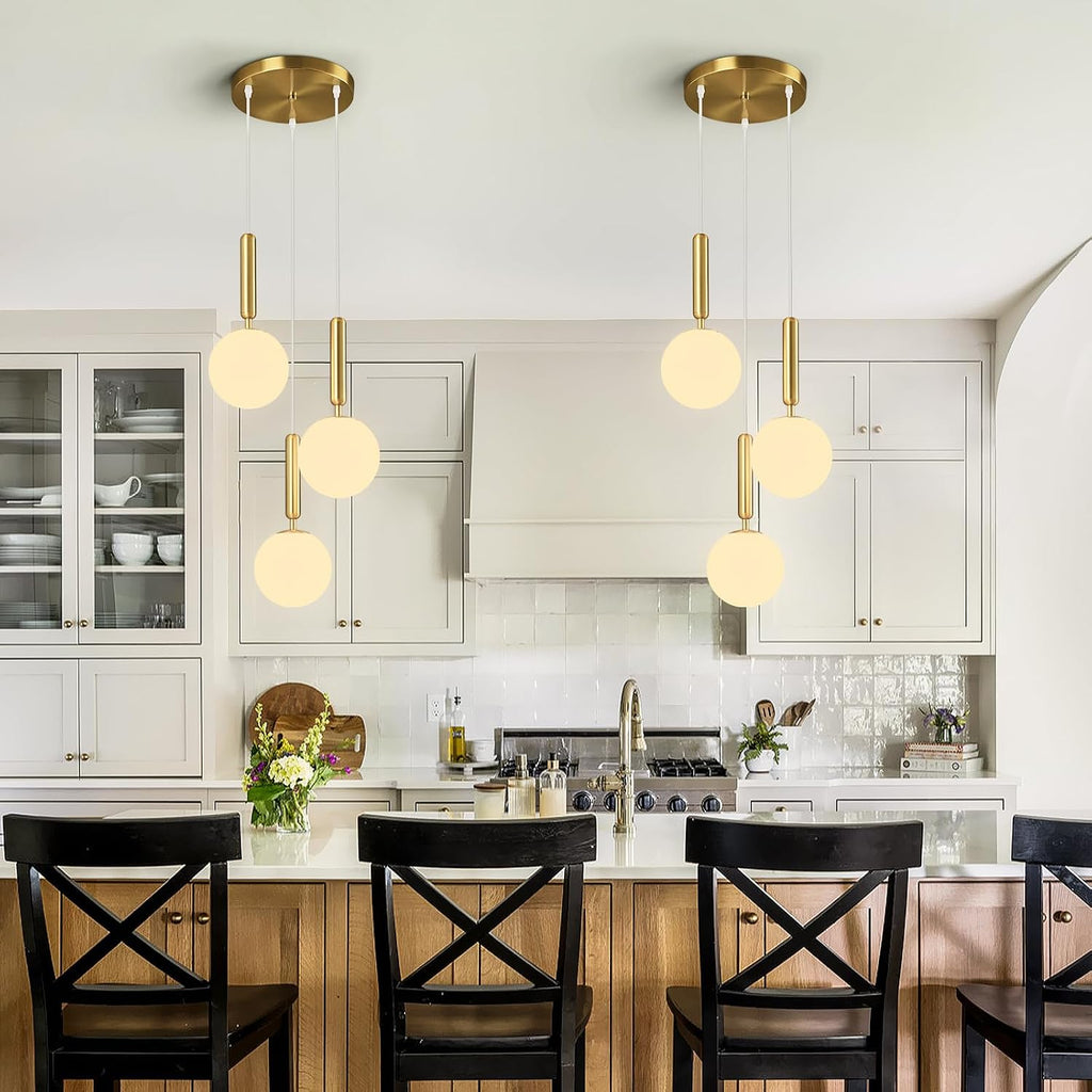 Modern Gold Pendant Light Hanging Fixture Light for Kitchen Island Mid Century with Globe Pendant Light Milk White Glass Pendant Lighting for Living Room Bedroom Entryway (3 Lights)