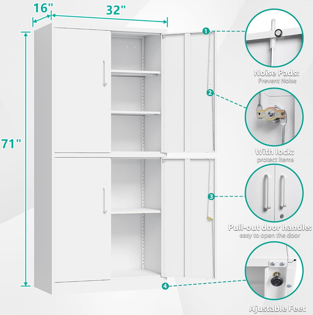 Metal Storage Cabinet with 3 Adjustable Shelves,White Storage Cabinet with Lock,71' Lockable Metal Cabinets with Locking Doors,Tall Steel Pantry Cabinets 4 Door for Home,Office,Garage,Bathroom,Kitchen
