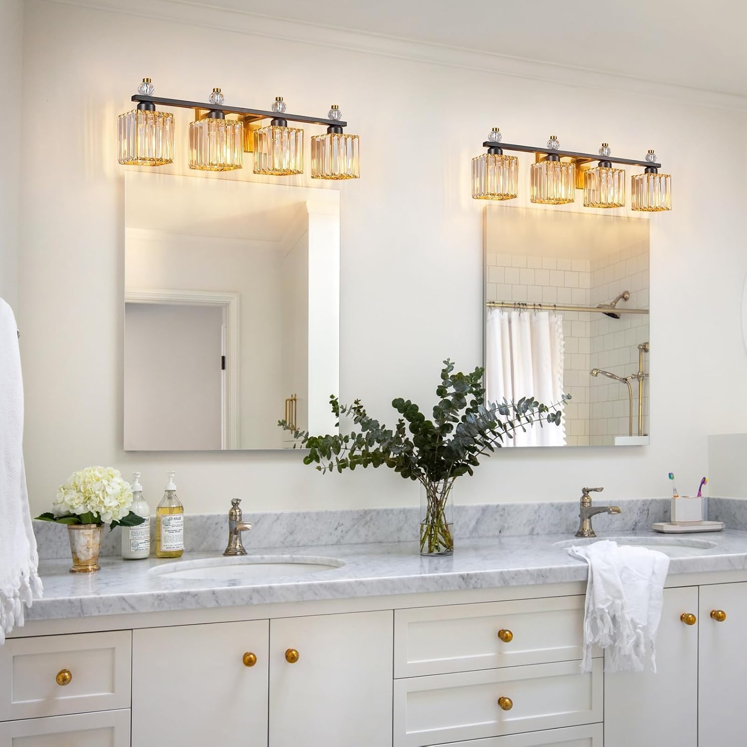 Vanity Lights 4-Light Modern Crystal Vanity Light Black Gold Bathroom Light Fixtures Over Mirror Crystal Bathroom Vanity Lighting Fixtures