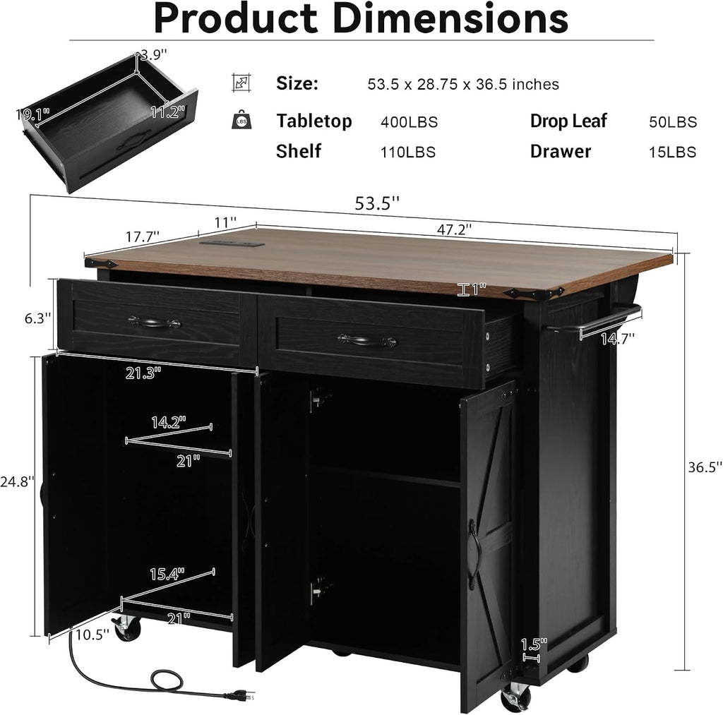 53.5''Farmhouse Kitchen Island with Power Outlet, Kitchen Storage Island with Drop Leaf, Spice Rack and Drawer, Rolling Kitchen Cart on Wheels, for Home, Living Room and Dining Room, Black